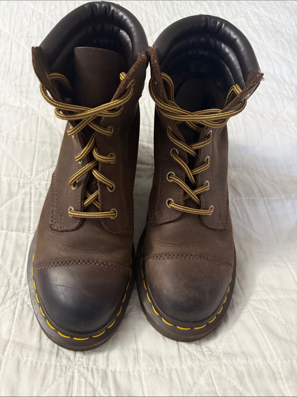 Dr. Martens Brown Lace-Up Leather Ankle Boots with Yellow Stitching